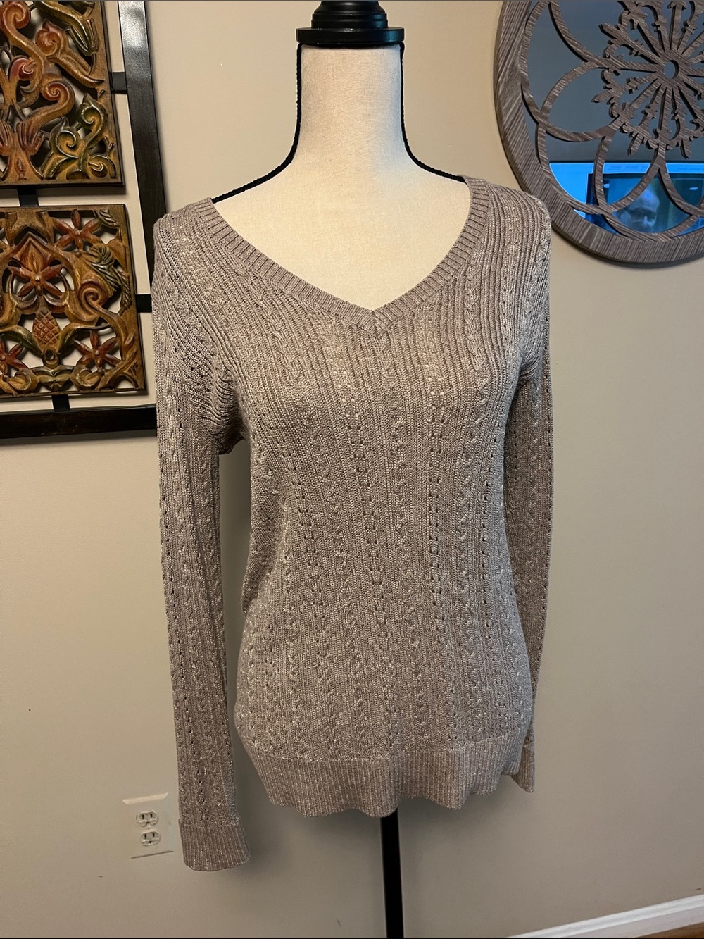 Banana Republic Taupe V-Neck Cable Knit Sweater with golden touch, medium